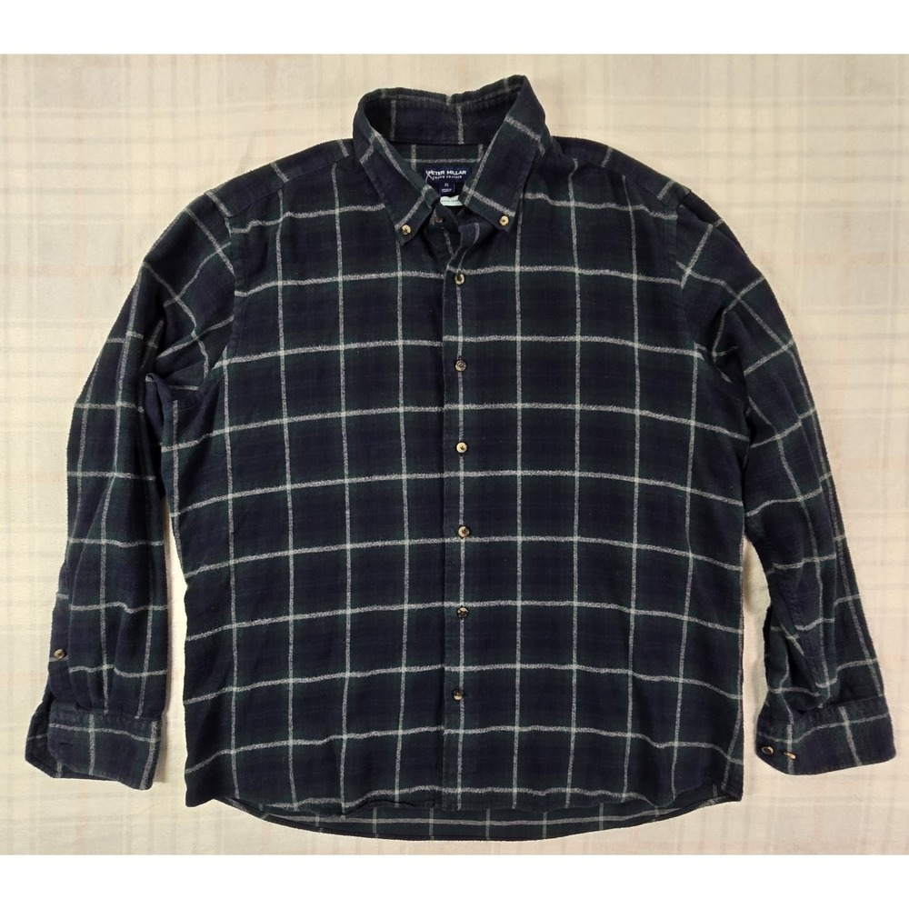 Peter Millar Crown Crafted Mens Japanese Flannel Plaid Shirt Dark Green Blue XL